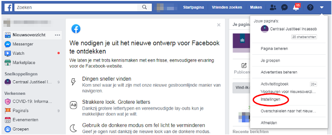 Op Facebook vindt u de instellingen in het menu van uw profiel.